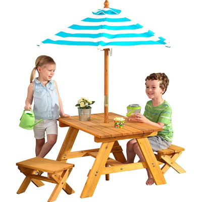 KidKraft Outdoor Wooden Table Bench Set With Striped Umbrella Just   KidKraft Outdoor Wooden Table Bench Set With Striped Umbrella 